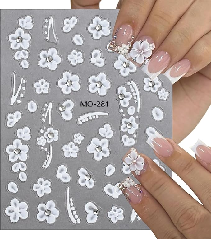 5D Embossed Crystal Diamond Flower Nail Art Stickers Small White Flowers Self-Adhesive Nail Decals Cherry Blossoms with Rhinestones Nail Design Supplies Cute Stickers for Women Girl Manicure 3PCS