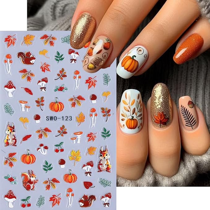 4Pcs Fall Nail Stickers 3D Pumpkin Maple Leaves Thanksgiving Nail Decals Orange Tree Nail Art Stickers 5d DIY Self Adhesive Nail Design Decoration