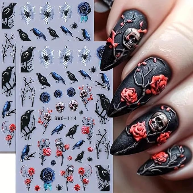 2 Sheets Halloween Nail Art Stickers 5D Embossed Black Bird Nail Decals Dark Skull Crow Dead Tree Nail Design Manicure Sliders Self-Adhesive Horror Halloween Nail Accessories for Women Nail Art