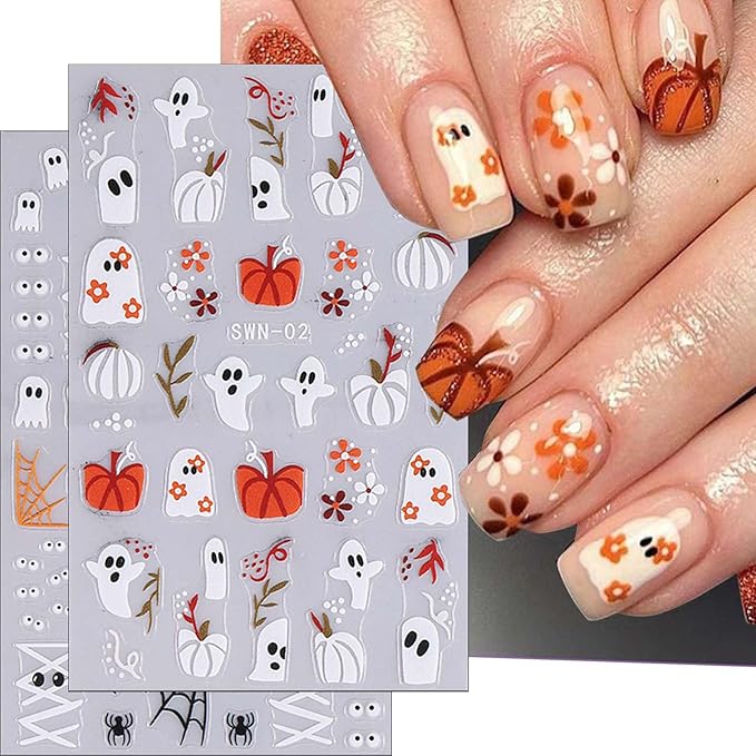 ONPRESS 4Sheet Halloween Nail Stickers Spooky Ghost Face Pumpkin Nail Decals 5D Self Adhesive Nail Spider Cat Flower Bat Bone Hand Star Leaves Relief Nail Art Stickers Nails for Women DIY Manicure