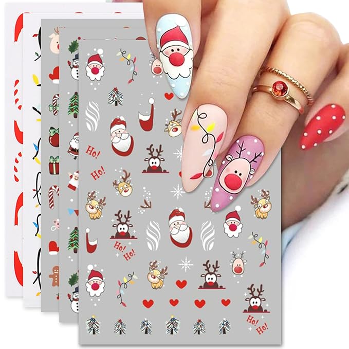 Christmas Nail Art Stickers, Self-Adhesive Colorful Light String, Santa, Elk, Snowflake Design for Holiday Nail Decals, Pegatinas Uñas Navidad DIY Decorations (6 Sheets)