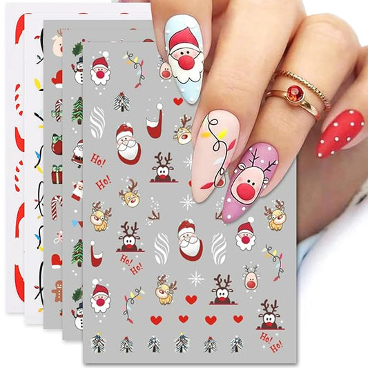 Christmas Nail Art Stickers, Self-Adhesive Colorful Light String, Santa, Elk, Snowflake Design for Holiday Nail Decals, Pegatinas Uñas Navidad DIY Decorations (6 Sheets)