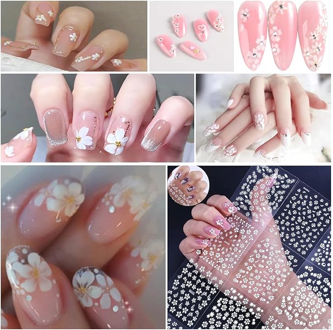 Flowers Nail Art Stickers 3D Self Adhesive Nail Art Supplies White Flower Stickers with Rhinestones Nail Design Floral Blossom Nail Decals for Nails Decorations Manicure Accessories 30Sheets