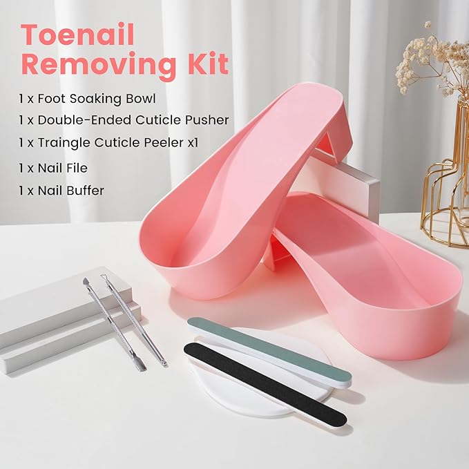Toe Nail Soaking Bowl Acetone Proof: 1Pair Soak Off Dip Powder Gel Polish Remover - Manicure Bowl for Toenails Soaking with Cuticle Pusher, Cuticle Peeler, Nail File Buffer (Pink)