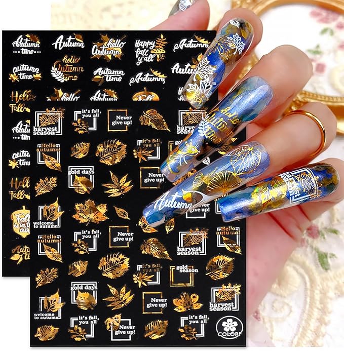 9 Sheets Fall Nail Art Stickers Maple Leaf Nail Decals Flower Tree Nail Design Decals 3D Self-Adhesive Glitter Gold Nail Stickers Thanksgiving Holiday Nail Art Decoration for Women Manicure Tips