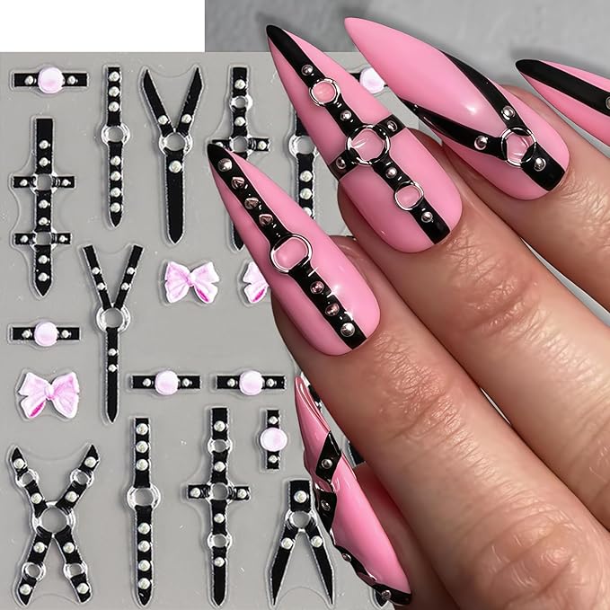 2 Sheets Black Punk Belt Nail Stickers Decals Y2K Relief Punk Nail Art Stickers 5D Embossed Leather Belt Nail Decals Black Silver Goth Belts Pink Bow Nails Design Nail Supplies for Women Manicure