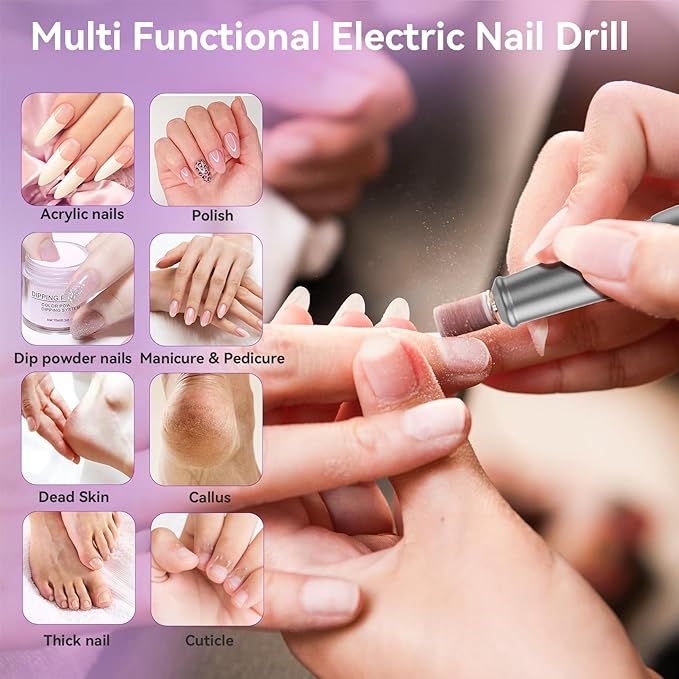 Nail Drill Electric File: Professional for Acrylic Gel Powder Nails Portable Nail Drill for Manicure Pedicure Nail Efile 5 Speeds 12 in 1 with LED Display Rechargeable, Grey