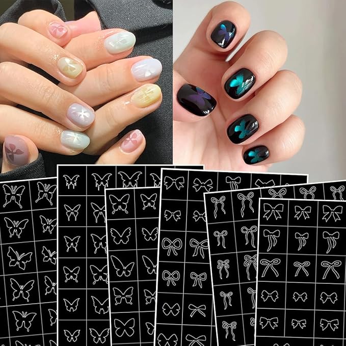 6 Sheets Airbrush Stencils Nail Stickers 3D Self Adhesive Bow Nails Decals Cute Hollow Butterfly Bow Designs French Nail Stamper Tools Auxiliary Butterfly Nails Guides Stickers for Women Manicure