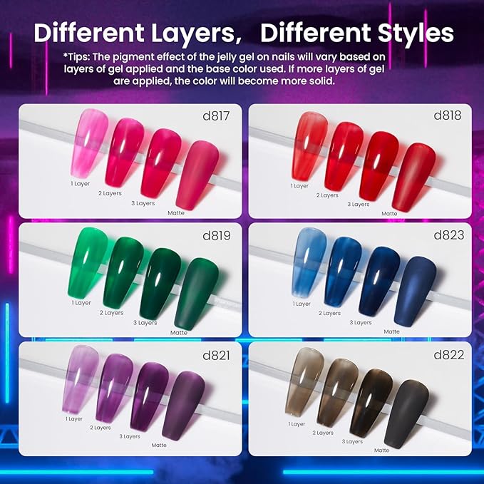 Beetles Jelly Gel Nail Polish Set - Jelly Magic Gel Polish, 6 Colors Christmas Gel Polish Kit Pink Red Black Blue Green Purple Sheer Translucent Effect Soak Off UV Manicure DIY Gift for Women