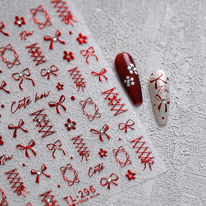 5D Embossed Red Bows Nail Stickers, Nail Art Sticker with Crystal Rhinestones Self-Adhesive Nail Decals for Women Nail Supplies Art Design Stickers (1, Red)