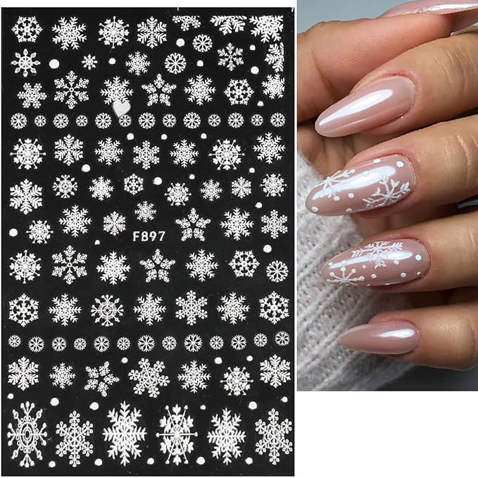 8 Sheets 3D Snowflake Nail Art Stickers Winter Christmas Nail Decals Glitter White Silver Snowflake Nail Stickers Self Adhesive Xmas Snow Nail Design Holiday Christmas Nail Decoration for Women Girls