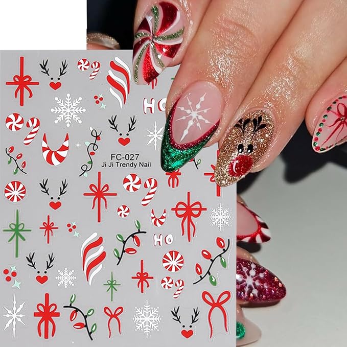 Christmas Nail Stickers for Nail Art, French Gift Bow Snowflake Nail Art Stickers 6PCS Colorful Light Candy Cane Deer HoHo Xmas Nails Design Adhesive Decals for Acrylic Nails DIY Manicure Decorations
