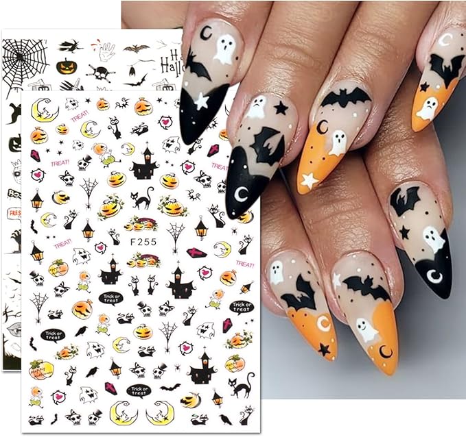 6 Sheets Halloween Nail Stickers for Nail Art, 3D Self-Adhesive Pumpkin Ghost Spider Web Nail Decals, Cute Bat Nail Supplies Nail Art Design Accessories for Women and Girls Manicure DIY Decoration