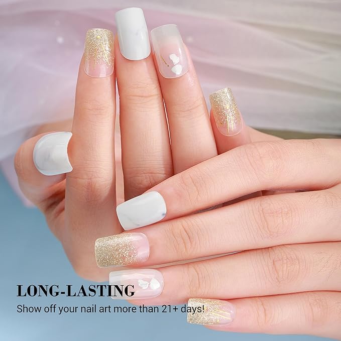 MelodySusie Semi Cured Gel Nail Strips (White Marble), 20 PCS Classic Gel Nail Stickers, Gold Glitter Gel Nail Wraps, UV Light Required, Durable and Salon Quality