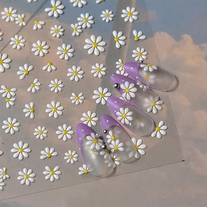 Flower Nail Stickers Self-Adhesive 5D Embossed Jelly Sliders Floral Petals Nail Art Stickers Decals Spring Summer White Daisy Floral Nail Design Stickers for Women Girls Manicure Decoration 1 Sheet