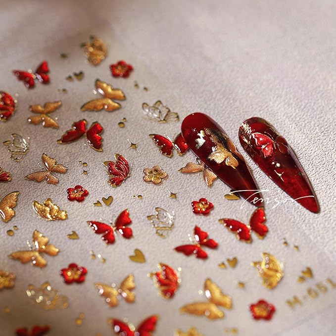 5D Embossed Butterfly Nail Art Stickers - Red & Gold Butterfly Nail Decals for DIY Manicure