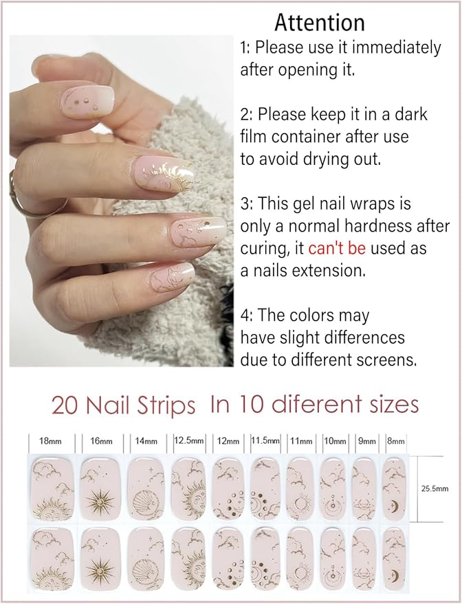 Semi Cured Gel Nail Strips, 20pcs Bohnemian Style Gel Nail Stickers UV for Home Nails DIY