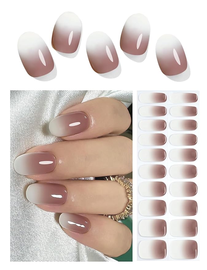 Semi Cured Gel Nail Strips, Chocolate Ombre? 20pcs Gel Nail Stickers Work with UV, Easy to Use and Remove