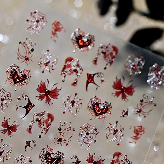 1 Sheets Halloween Nail Stickers for Nail Art 5D Self-Adhesive Embossed Spider Web Nail Art Stickers with Glitter Red Spider Butterfly Heart Bat Nail Decals Halloween Nail Design Sticker for Women