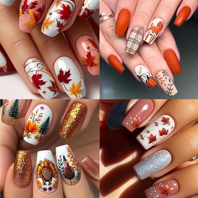 6Sheets Fall Nail Stickers 3D Cute Turkey Pumpkin Nail Decals Self Adhesive Thanksgiving Nail Art Stickers Autumn Maple Leaf Nail Decoration Accessories Squirrel Manicure Supplies for Women DIY