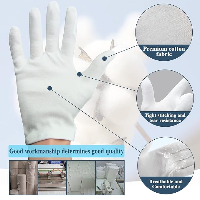 24 Pcs White Cotton Gloves for Dry Hands Moisturizing Gloves Overnight Eczema Gloves Kids Sleep Gloves for Women Cosmetic Jewelry Silver Moisturizing Inspection Gloves