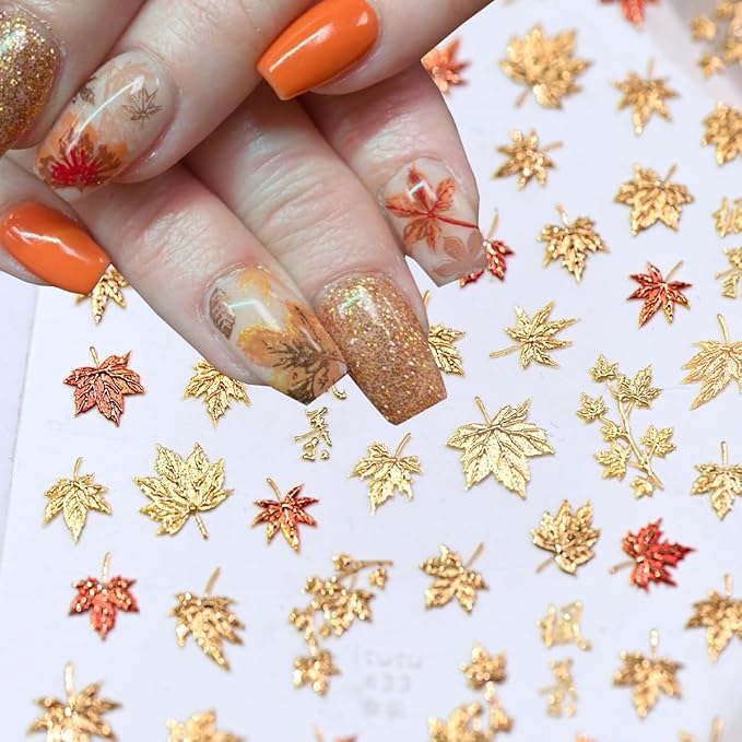 5D Embossed Autumn Maple Leaves Nail Art Stickers Decals Self-Adhesive Fall Nail Stickers Shiny Gold Maple Leaf Nails Design Sticker for Autumn Thanksgiving Day Women DIY Manicure Decorations 1Pcs