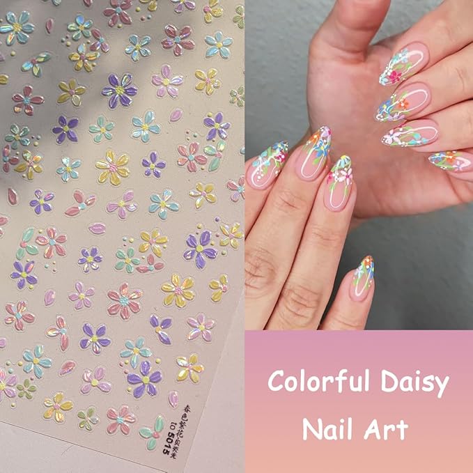 1 Sheet Colorful Flower Nail Stickers, 5D Embossed Self-Adhesive Nail Decals, Summer Glossy Floral Nail Design Stickers for Women DIY Spring Floral Manicure Decoration Supplies