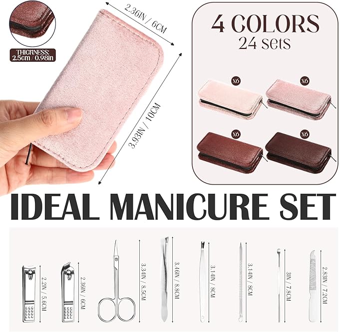 Coume 24 Sets Manicure Set Bulk Rad Tech 8 in 1 Nail Clippers Kit Luxurious Travel Case Stainless Steel Nails Care Tool Office Gift for Coworker Nurse Practitioner Week Christmas(Brown Series)