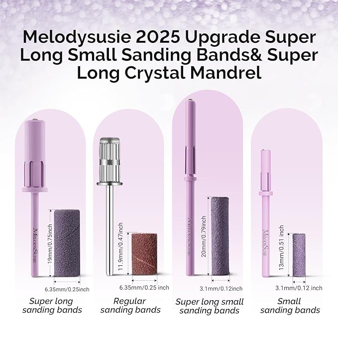 MelodySusie 50 Pcs Nail Drill Bits Super Long Small Sanding Bands with 3.1mm Crystal Mandrel Bit, 240 Extreme Fine Grit Nail File for Acrylic Nails Gel Manicures and Pedicure, Purple