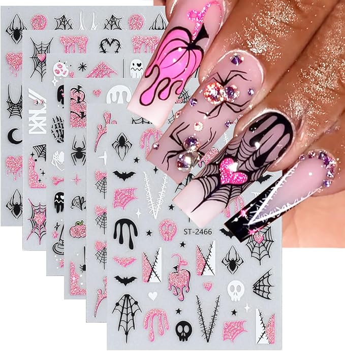6 Sheets Pink Glitter Halloween Nail Stickers for Nail Art 3D Self-Adhesive Spider Web Nail Stickers with Ghost Bat Blood Drop Skull Cute Halloween Designs Goth Nail Decals for Women Acrylic Nails