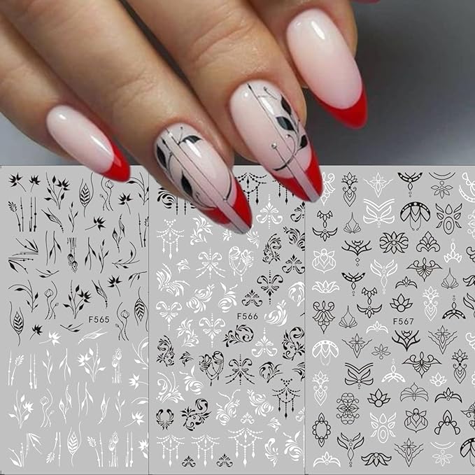 8 Sheets Flower Vintage Vine Nail Stickers, 3D Self-Adhesive Vintage Flower Pattern Nail Decals Black and White Leaf Flowers Nail Design Butterfly Pegatinas Uñas for Women Girls Nail Art Decoration