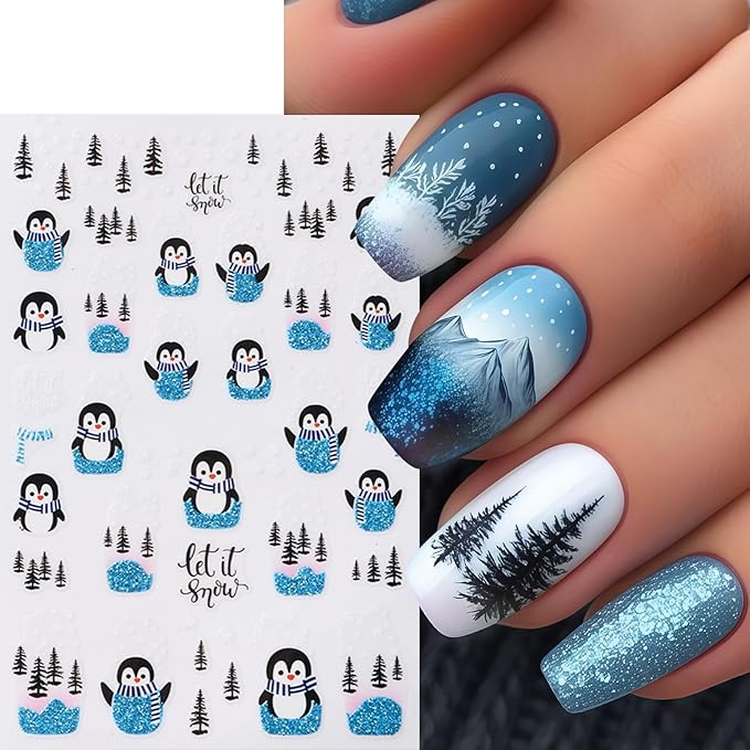 6 Pcs Christmas Nail Art Stickers 3D Self-Adhesive Glitter Christmas Snowflake Elk Blue Penguin Nail Decals Winter Christmas Tree Nail Design Red Glitter Elk Nails Supplies for Women DIY Manicure