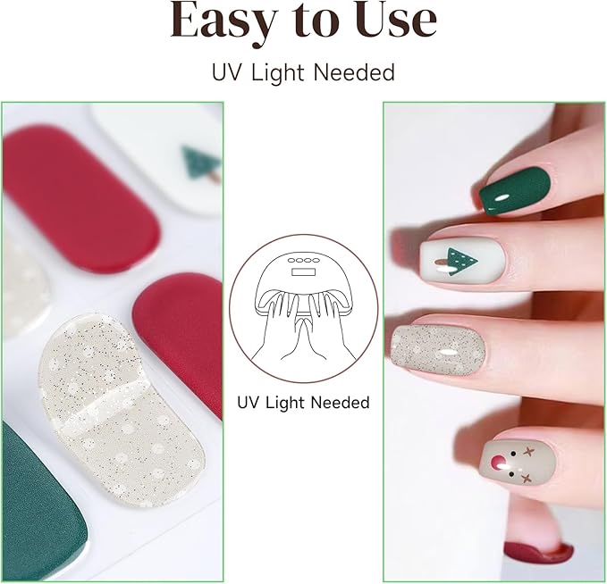 Semi Cured Gel Nail Strips, 28 Pcs Christmas Snowman Gel Nails Stickers, Nail Wraps for Women UV Light Needed