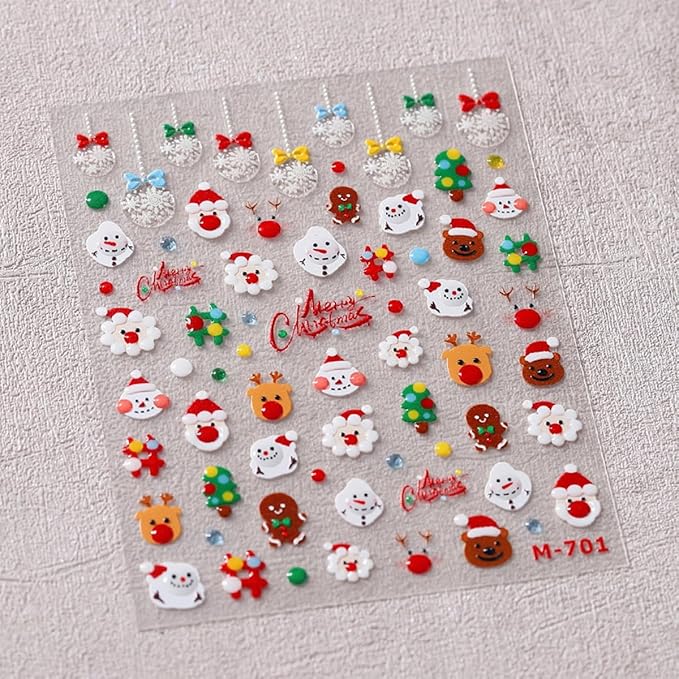 5D Christmas Nail Art Stickers Embossed Self Adhesive Nail Decals Cute Snowman Elk Santa Claus Snowflake Bell Nail Design Winter Xmas Nail Supplies for Women New Year Nail Decoration Accessories