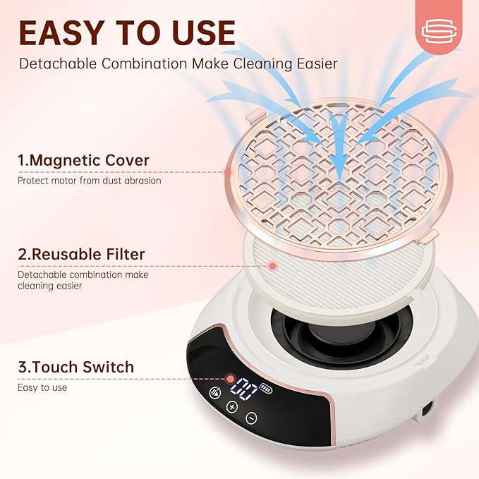 Rechargeable Nail Dust Collector Cordless Powerful Vacuum Fan with LED Display, Adjustable Speed, Reusable Fillter, Manicure Tool for Acrylic Nails, Salon & Home White