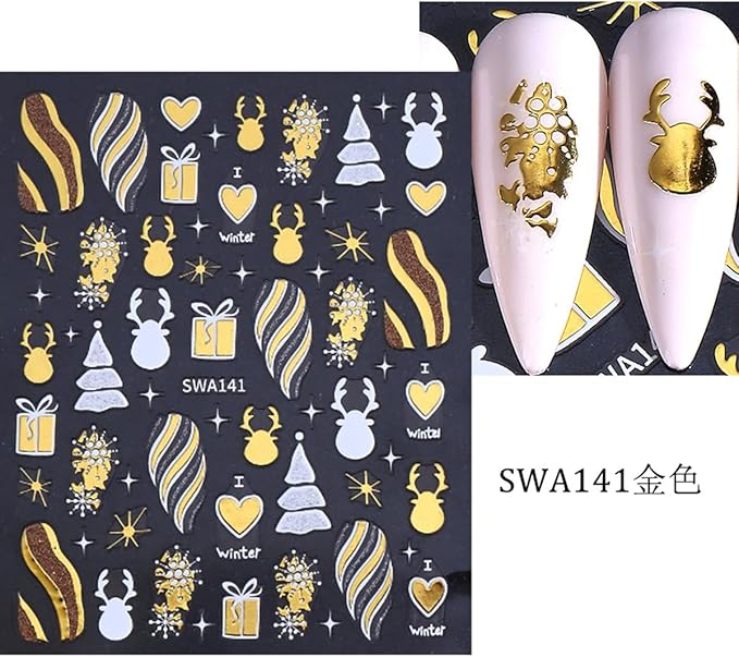 4 Sheets Christmas Nail Stickers for Nail Art WLGDLH 3D Self Adhesive Gold Pink Nail Art Stickers Snowflake Gift Nail Decals Xmas Elk Deer Nail Supplies for Women DIY Christmas Decorations