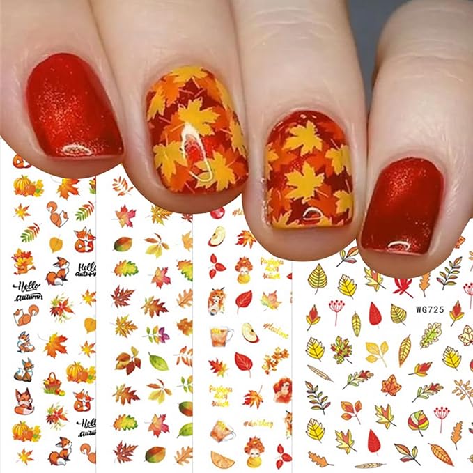 8 Sheets Fall Nail Art Stickers 3D Self-Adhesive Maple Leaf Fox and Apple Design Nail Sticker Thanksgiving Nail Decals Autumn Acrylic Nail Art Decoration Fall Nail Art Decoration for DIY French Nail