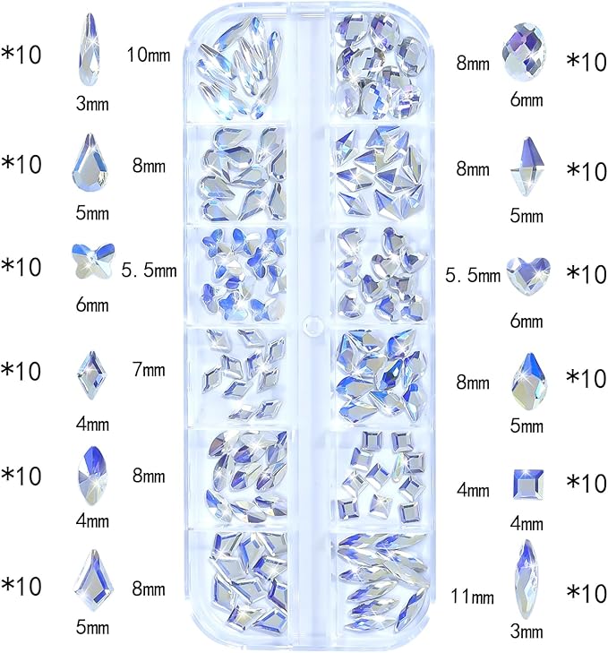 Nail Rhinestones - 3D Multi Shape Size, Flat Back, Manicure Rhinestones Charms, Crystal Moonlight Blue Gems, with Kit, for Nail Art, Bedazzling Acrylic Nails, DIY Decor