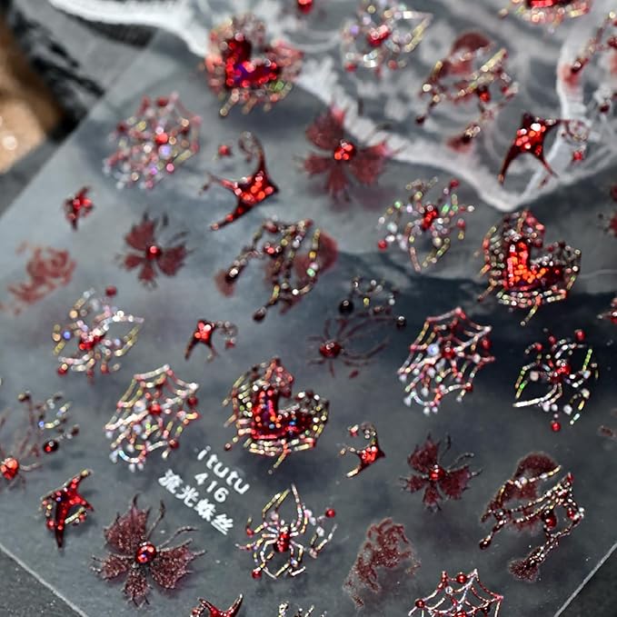 1 Sheets Halloween Nail Stickers for Nail Art 5D Self-Adhesive Embossed Spider Web Nail Art Stickers with Glitter Red Spider Butterfly Heart Bat Nail Decals Halloween Nail Design Sticker for Women