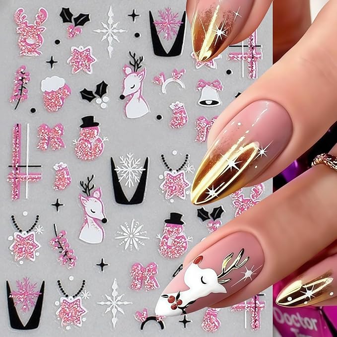 6 Sheets Christmas Nail Art Stickers Snowflake Christmas Tree Nail Decals with Pink Glitter Snowflake Xmas Tree Snowball Elk Snowmen Nail Design Black French Tips Nail Supplies Nail Decor for Women