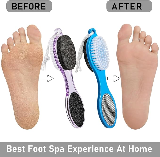 Pumice Stone Brush for Feet 4 in 1, Foot File Callus Remover, Foot Rasp and Sand Paper Pedicure Tools with Handle, Shower Foot Scrubber, Soft Smooth Feet for Home Foot Care,2 Pack