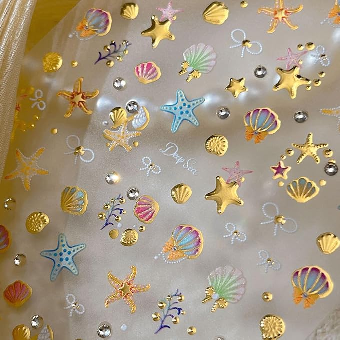 1 Sheets Gold Shell Nail Stickers for Nails Art 5D Embossed Self-Adhesive Summer Nail Art Stickers Ocean Star Jellyfish Design Beach Nail Decals Nail Art Supplies for Women Acrylic Manicure Salon