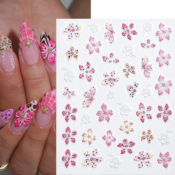 6 Sheets 5D Embossed Nail Art Stickers Colour Hibiscus Nail Decals Self-Adhesive Cute Floral Nail Decor Hawaiian Hibiscuss Flower Nail Design Stickers Summer Nails Supply for Women DIY Manicure