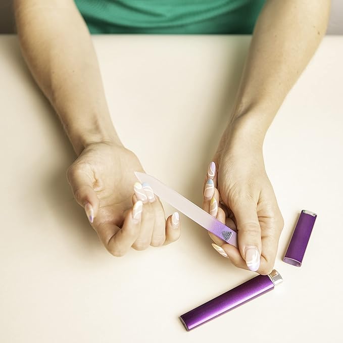 Bona Fide Beauty - Premium Czech Glass Fingernail File with Case - Gentle, Durable & Professional Manicure Tool - Beauty Gift for Women (Gold Violet)