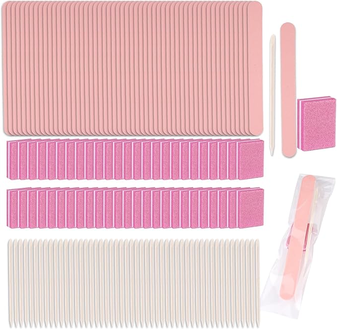 Disposable Manicure Kit - 50pc Set, Includes Mini Nail Buffer, Nail File, Wood Stick, OPP Bag, Press On Nail Tool Kit for Salon & Home (Pink)