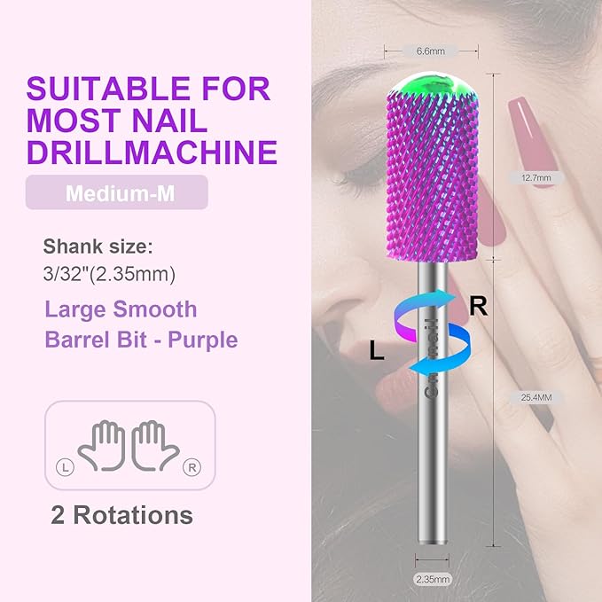 3/32" 2PCS Large Barrel Smooth Round Top Tungsten Carbide Nail Drill Bit Safety Bit for Gel & Acrylic Removal, 2-Way Rotating Efile Tip, Salon Electric File Accessory (M Grit, Purple)