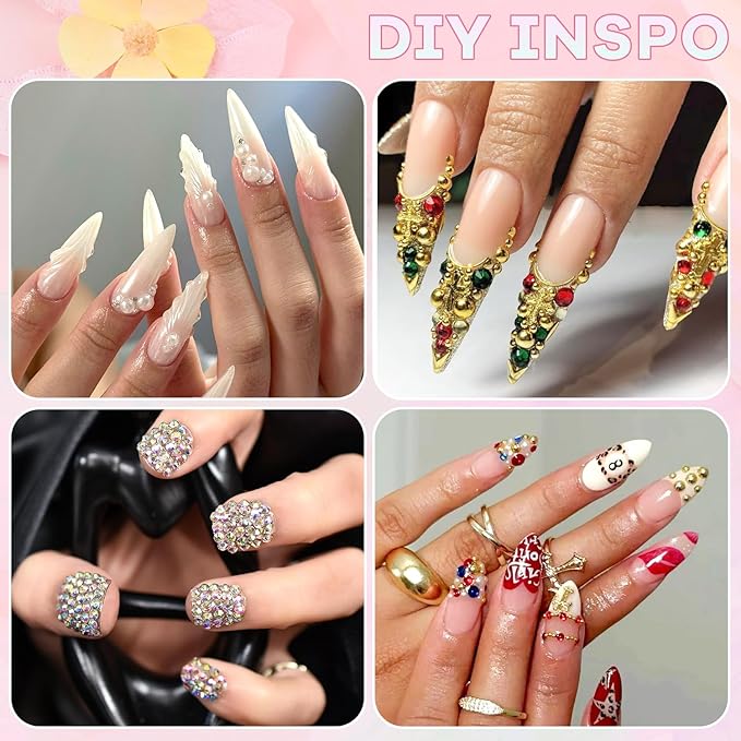 10000Pcs Nail Rhinestones and Charms for Nail Art, Flatback Nail Pearls and Caviar Nail Beads(Silver+Gold), Colorful Rhinestones Bedazzling Gems Kit Nail Gems Pearl Nail Charms for Manicure Decor