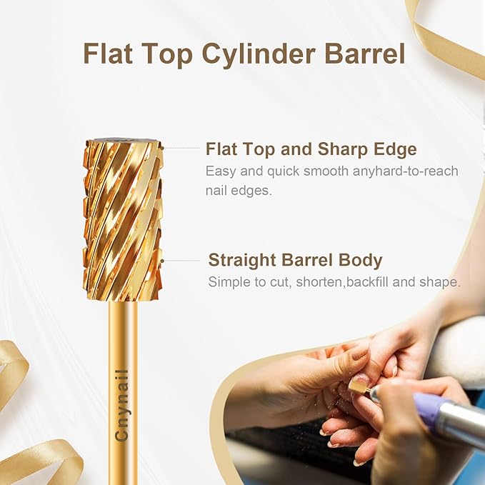 3/32" Large Barrel Flat Top Tungsten Carbide Nail Drill Bit Safety Bit for Gel & Acrylic Removal, 2-Way Rotating Efile Tip, Salon Electric File Accessory (3XC Grit, Gold)