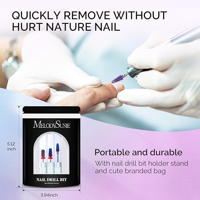 MelodySusie 3Pcs Nail Drill Bits Set, 3/32'' Carbide Tungsten Bits, 5 in 1, Smooth Round Top Large Barrel and Tornado Bits, Suitable for Manicure Pedicure Cuticle Gel Acrylic Remover, Purple