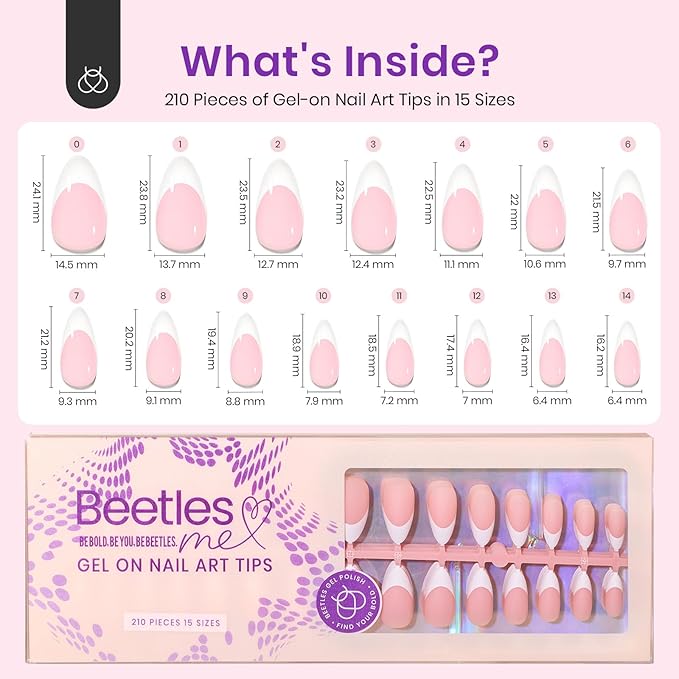 Beetles French Tips Press On Nails-210 Pcs Pink French Tip Nails Medium Almond Fake Nail Tips, Soft Gel Nails False Nails Art DIY Gift For Women
